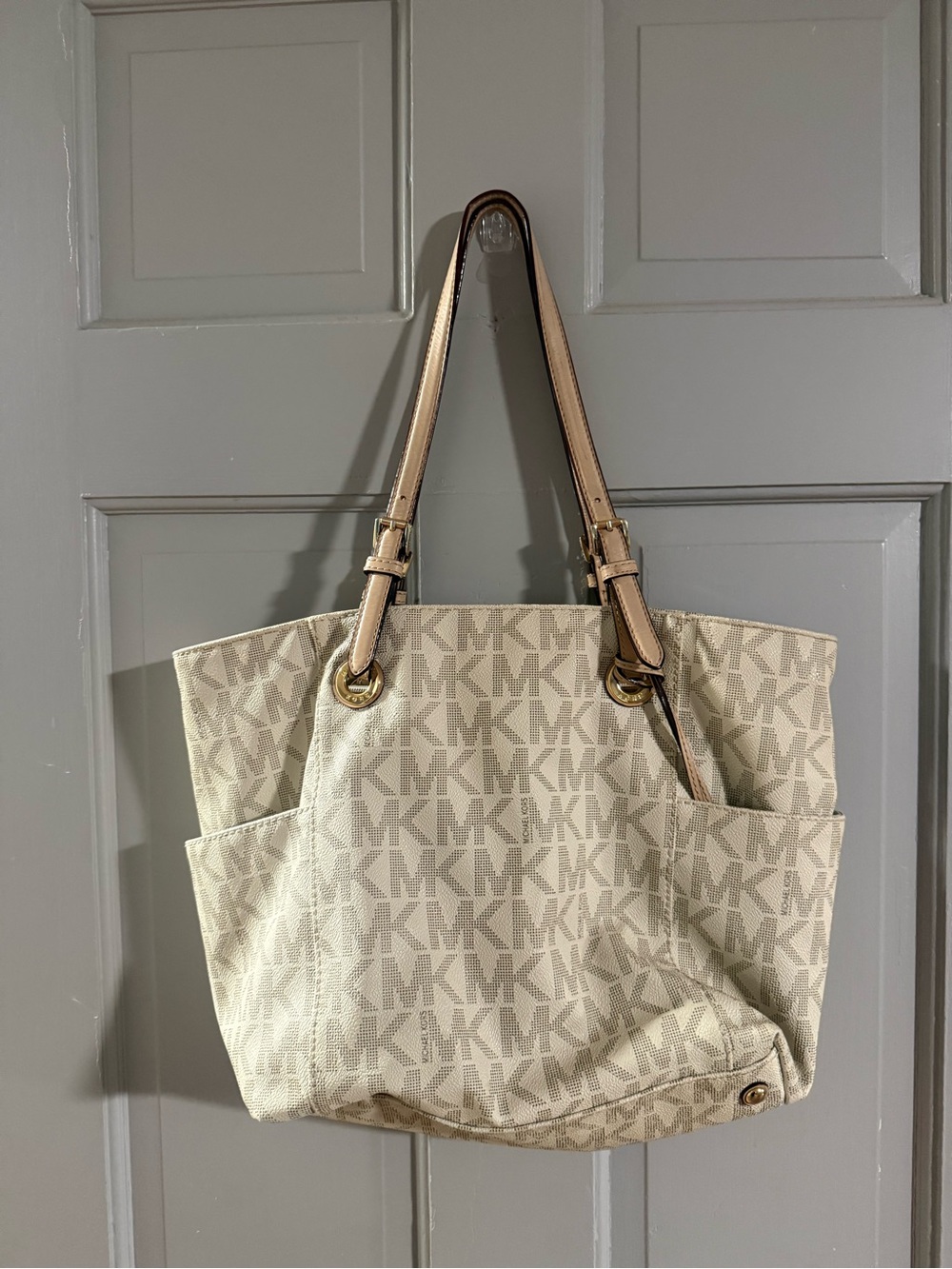 Michael Kors Cream MK Monogram Tote with Tan Straps